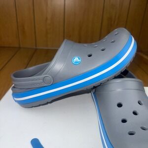 Crocs Classic Clog Gray Blue White Stripe Comfort Slip On Shoes Mens 8 Womens 10